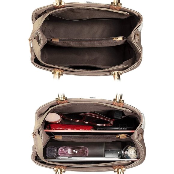 Top Handle Stitching Handbag for Women Girls Tote Satchel Khaki Shoulder Bag - Picture 5 of 8